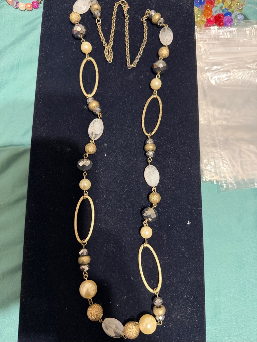 Gold-Tone Beaded Long Necklace with Mixed Beads - Vintage Casual Corner Brand
